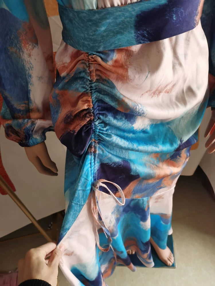 Printed long abaya/kaftan — elegant for Ramadan, Eid, and special occasions.