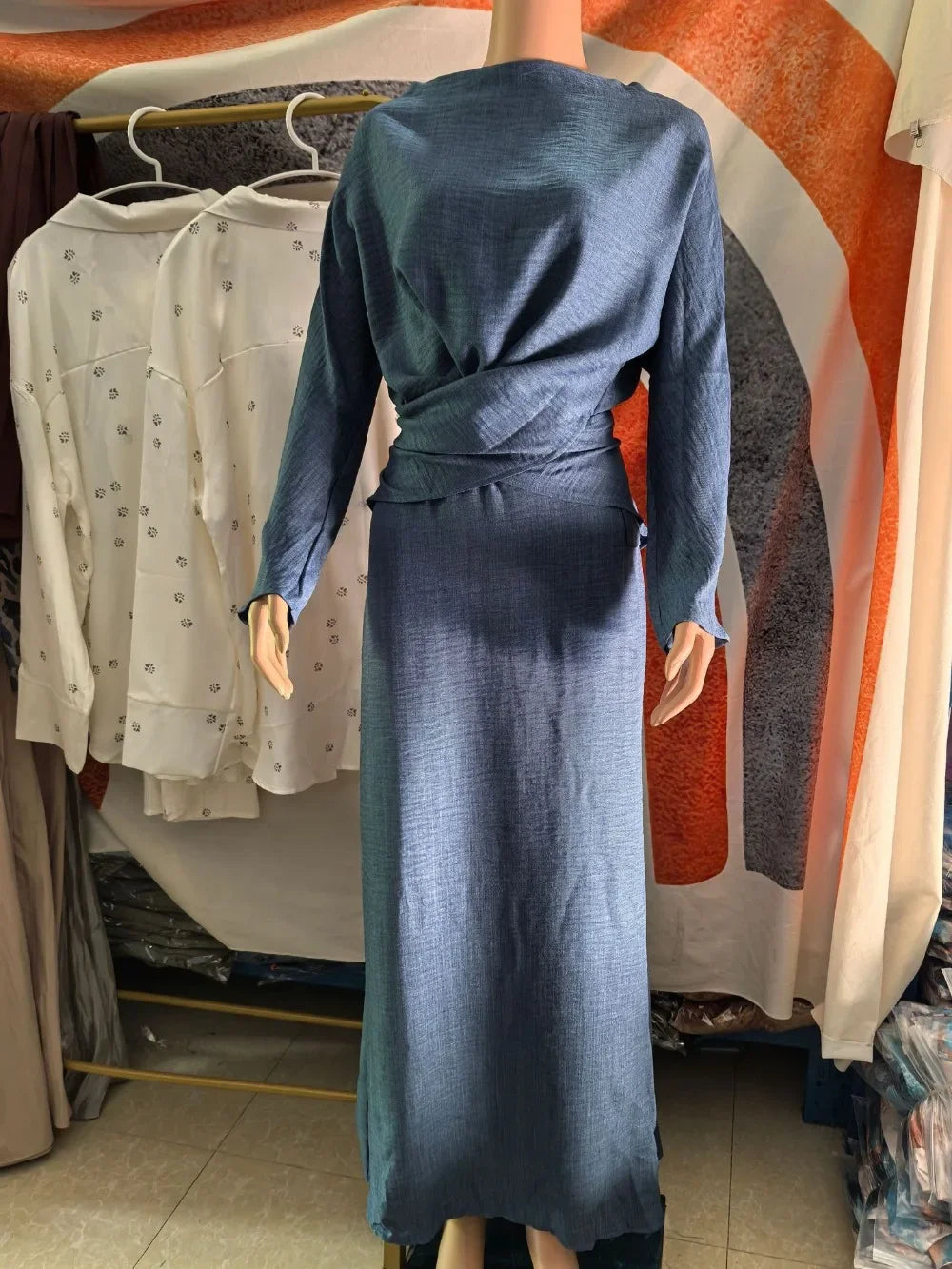 Modest two-piece set with blouse and long skirt — elegant for Ramadan and special occasions.