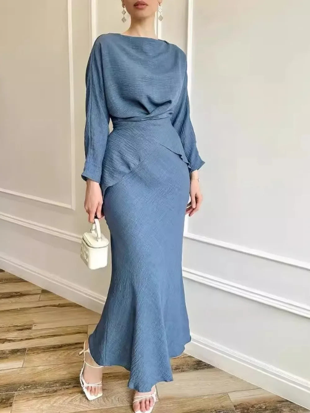 Modest two-piece set with blouse and long skirt — elegant for Ramadan and special occasions.