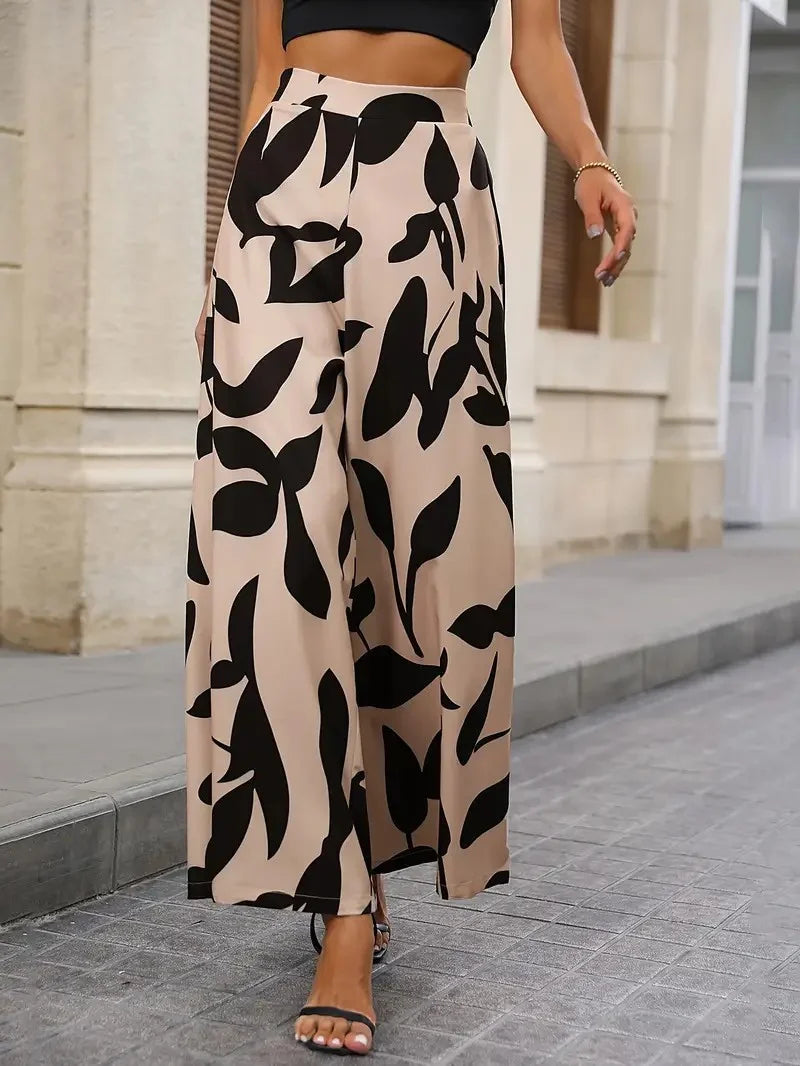 Leaf Print Wide-Leg Pants – Casual Women’s Style