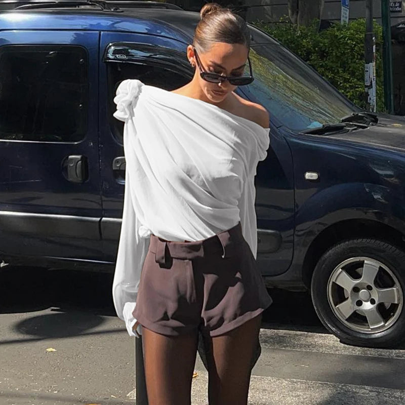 Irregular Off-Shoulder Flower Applique Crop Top – Summer Mesh Style