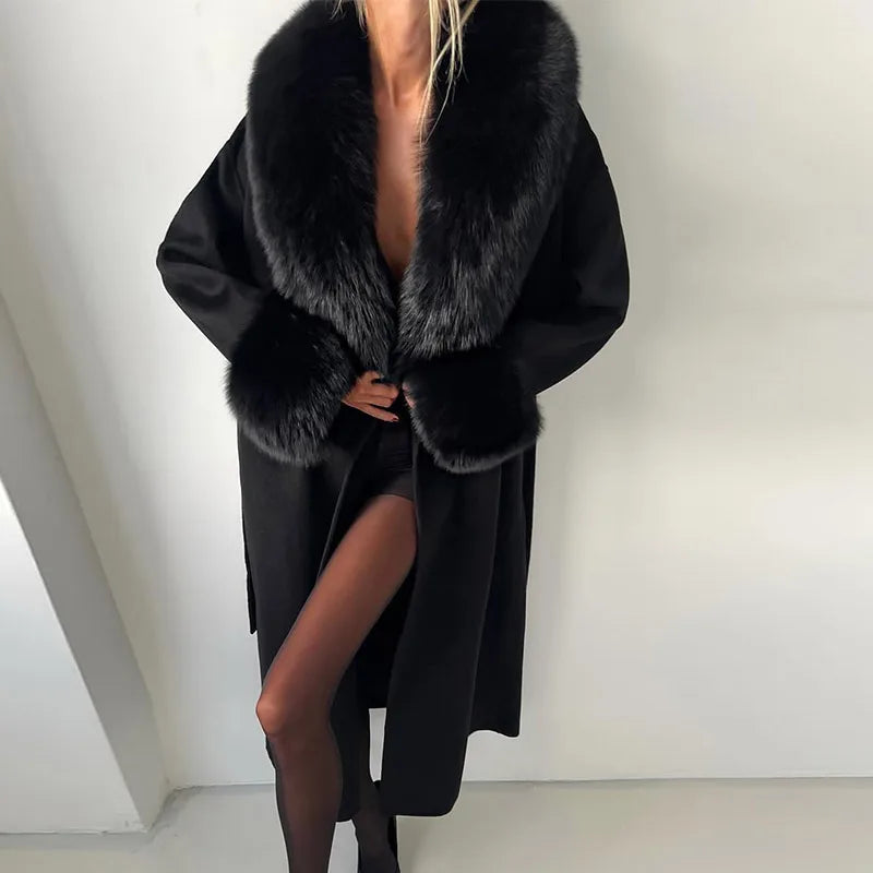 Autumn Faux Fur Woolen Patchwork Long Overcoat