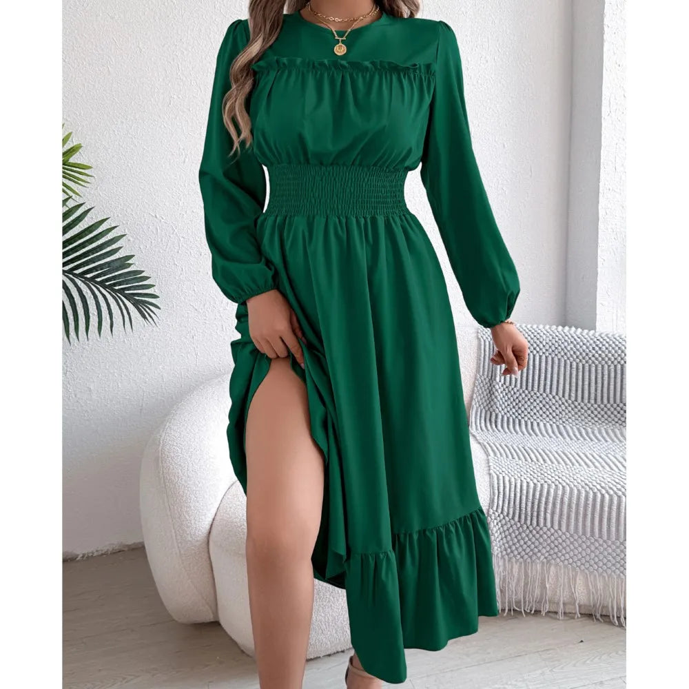Autumn/Winter Elegant Long-Sleeve Pleated Maxi Dress