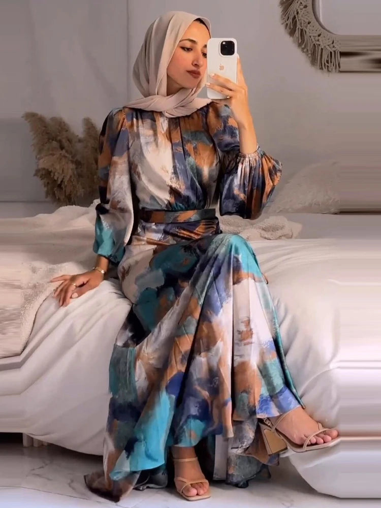 Printed long abaya/kaftan — elegant for Ramadan, Eid, and special occasions.