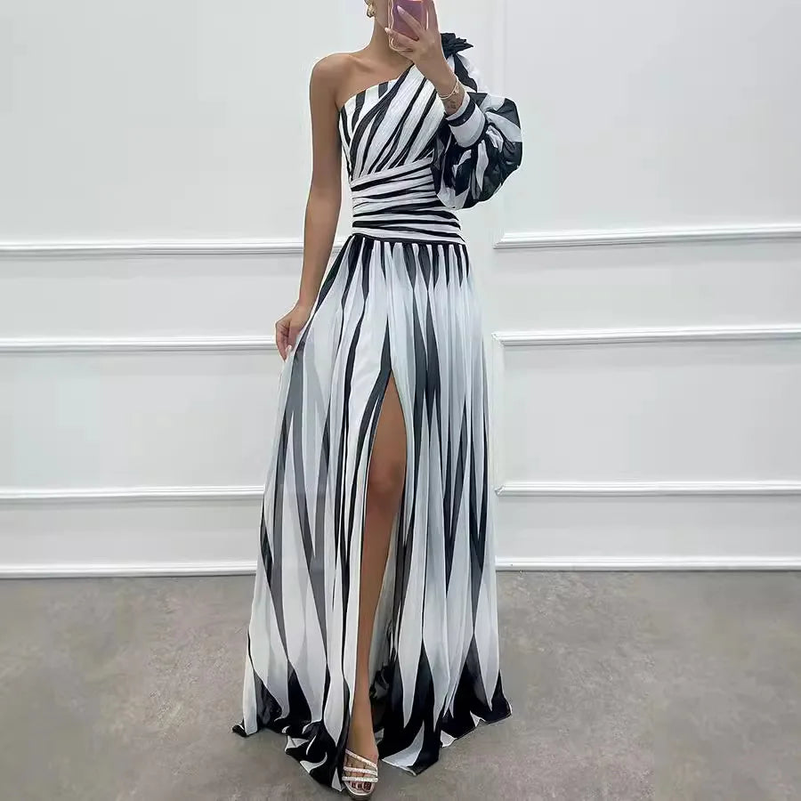 Printed One-Shoulder Long Dress – Casual Split Style for Spring & Autumn