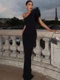 Black one-shoulder bodycon maxi dress — elegant, sexy, perfect for parties and evenings.