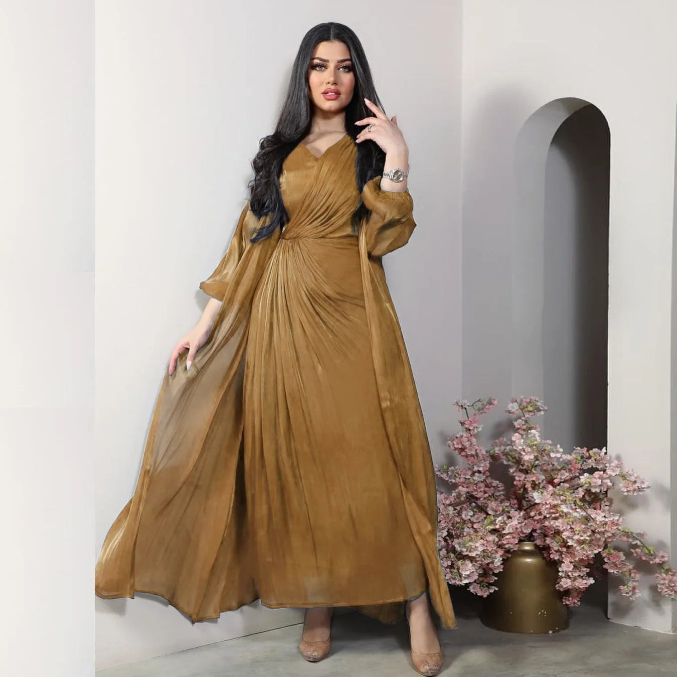 Silky Satin 2-Piece Abaya Set – Morocco/Dubai Style Evening & Eid Dress