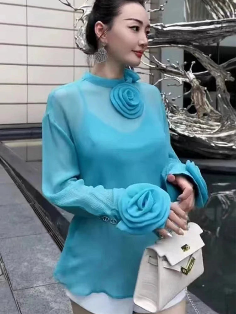 3D Flower Chiffon Shirt for Women – Lightweight Long-Sleeve Spring/Summer Top