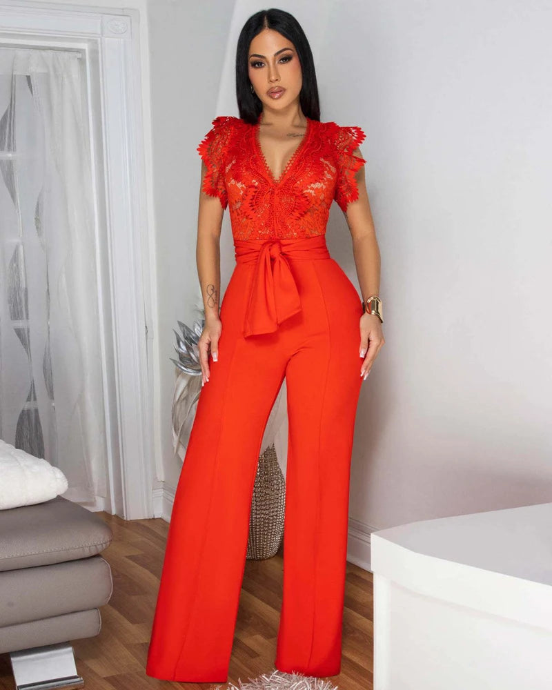 Elegant Lace Patchwork V-Neck Romper for Women – Sleeveless & High-Waist