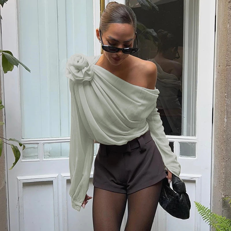 Irregular Off-Shoulder Flower Applique Crop Top – Summer Mesh Style