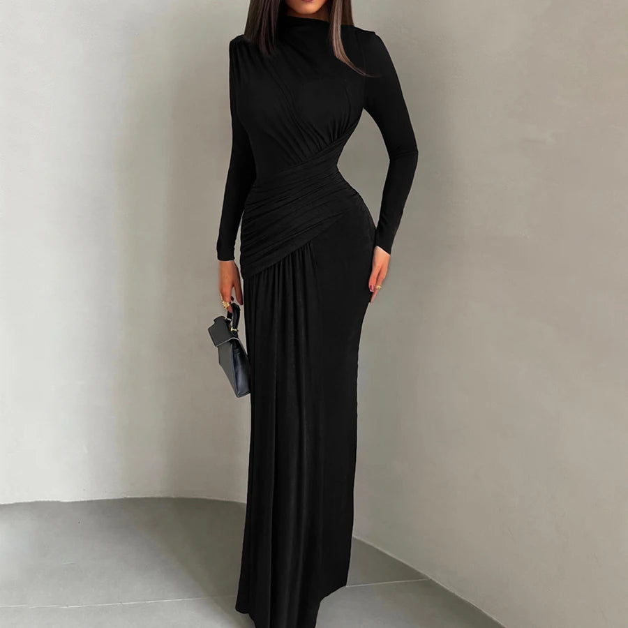 Elegant slim patchwork dress with irregular pleats and full sleeves — perfect for evening events.