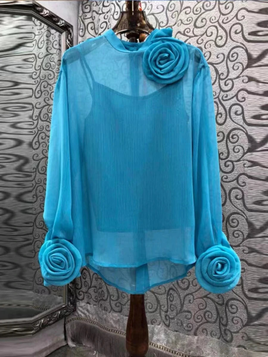 3D Flower Chiffon Shirt for Women – Lightweight Long-Sleeve Spring/Summer Top