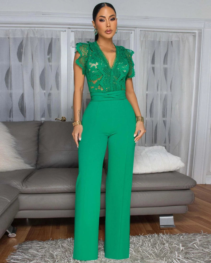 Elegant Lace Patchwork V-Neck Romper for Women – Sleeveless & High-Waist