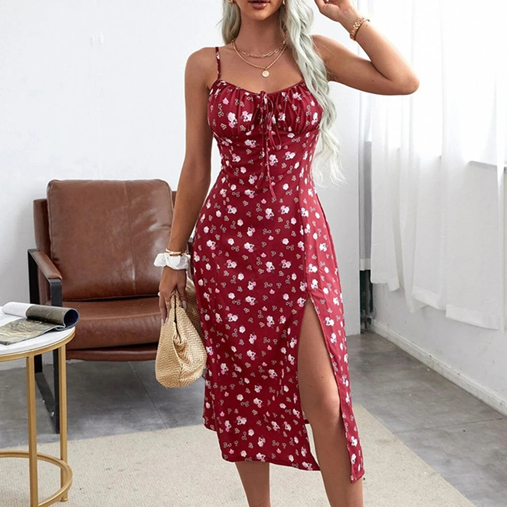 Summer Floral Spaghetti Strap Dress with High Slit