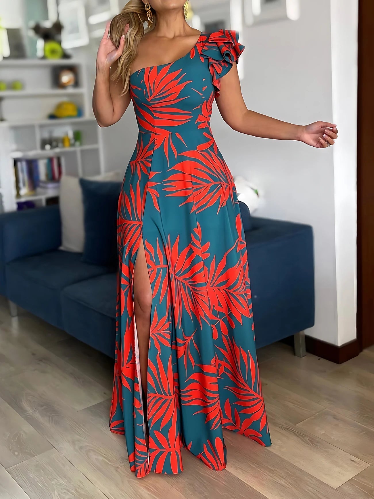 Tropical One-Shoulder Maxi Dress – Elegant Split Hem, Casual Chic Style