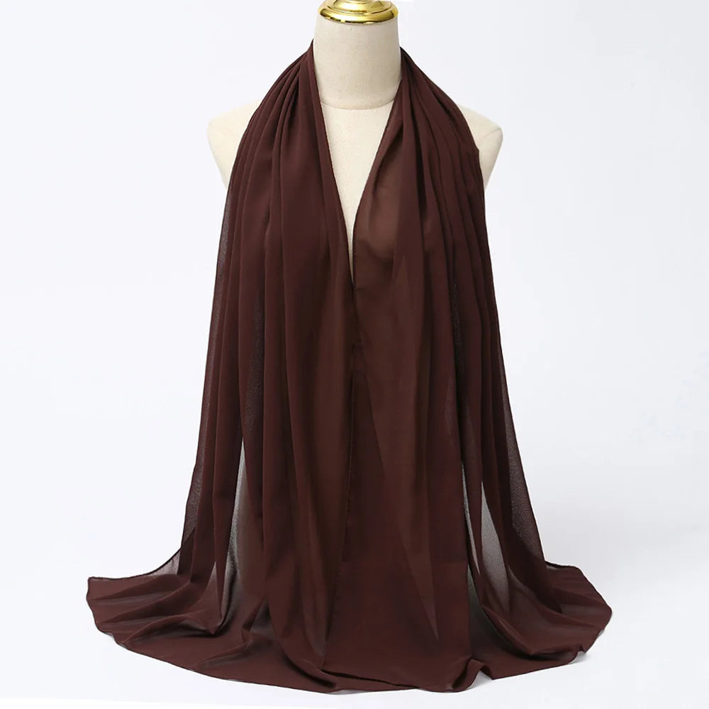 Long solid-color chiffon hijab — lightweight and elegant.