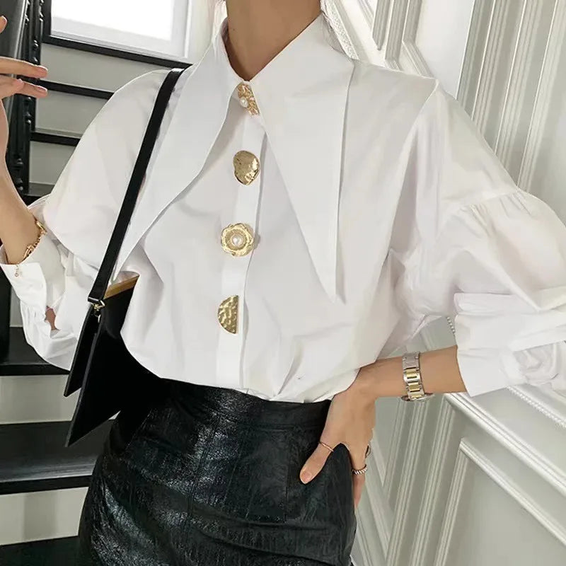 White Pearl-Detail Blouse – Loose Long-Sleeve Korean Chic Top