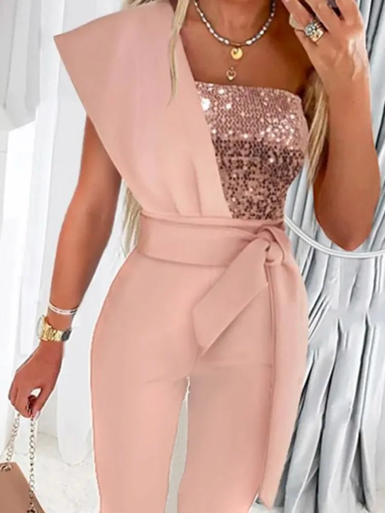 Sequin Patchwork Slim Jumpsuit for Women – Elegant Summer Style