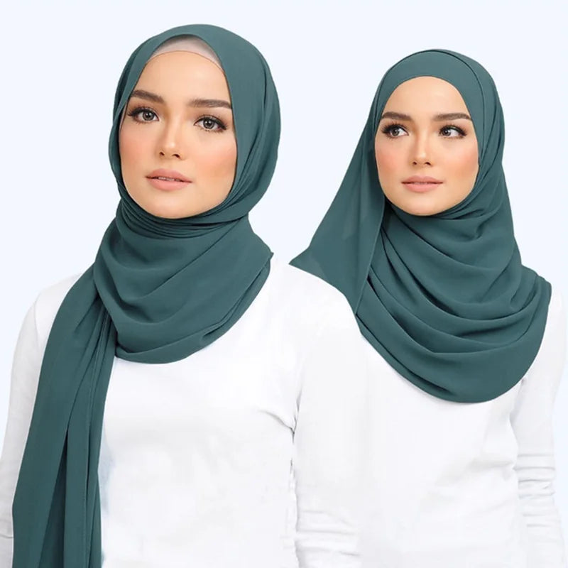 Long solid-color chiffon hijab — lightweight and elegant.