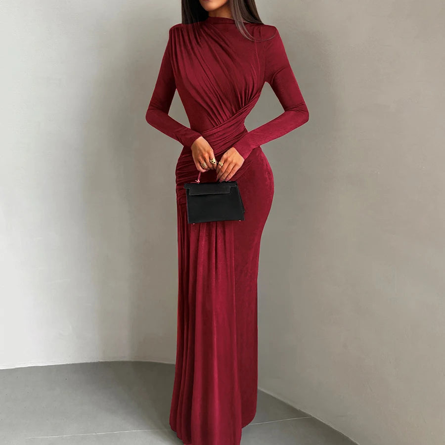 Elegant slim patchwork dress with irregular pleats and full sleeves — perfect for evening events.