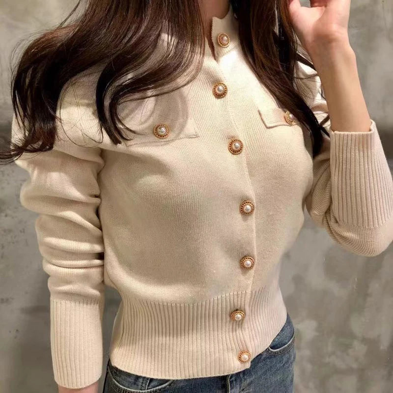 Autumn Knitted Cardigan for Women – Slim Fit, Long Sleeve, Korean Chic