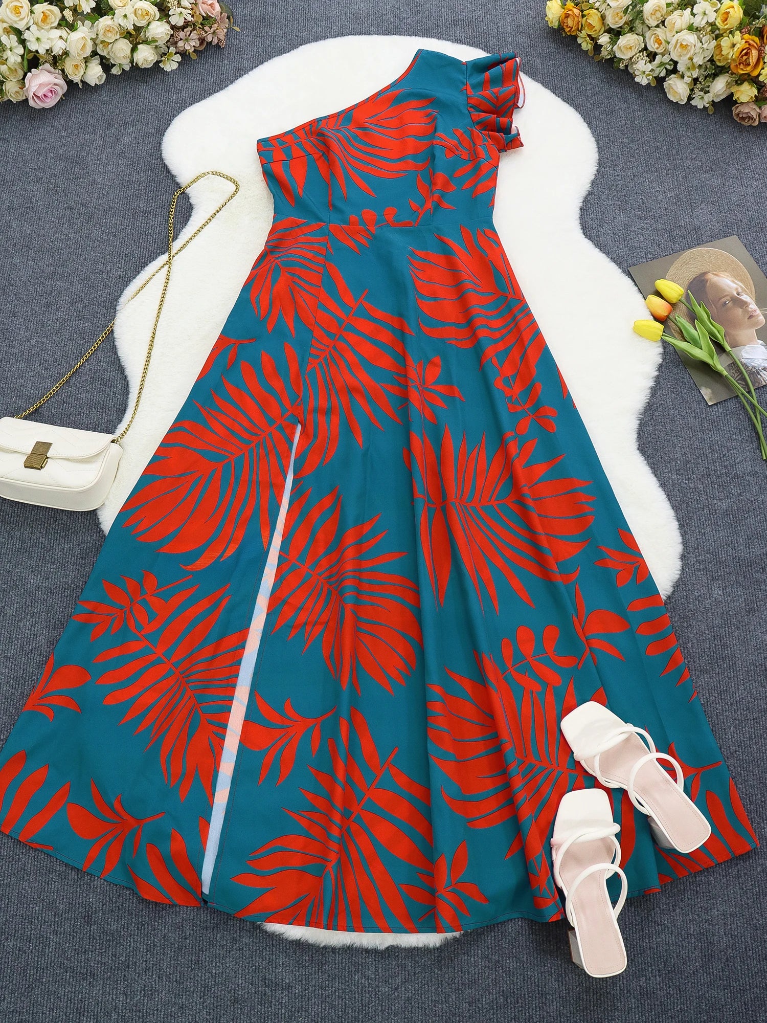 Tropical One-Shoulder Maxi Dress – Elegant Split Hem, Casual Chic Style