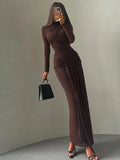 Elegant slim patchwork dress with irregular pleats and full sleeves — perfect for evening events.