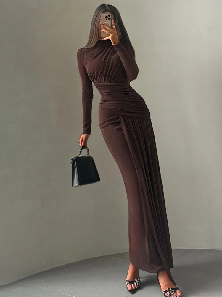 Elegant slim patchwork dress with irregular pleats and full sleeves — perfect for evening events.