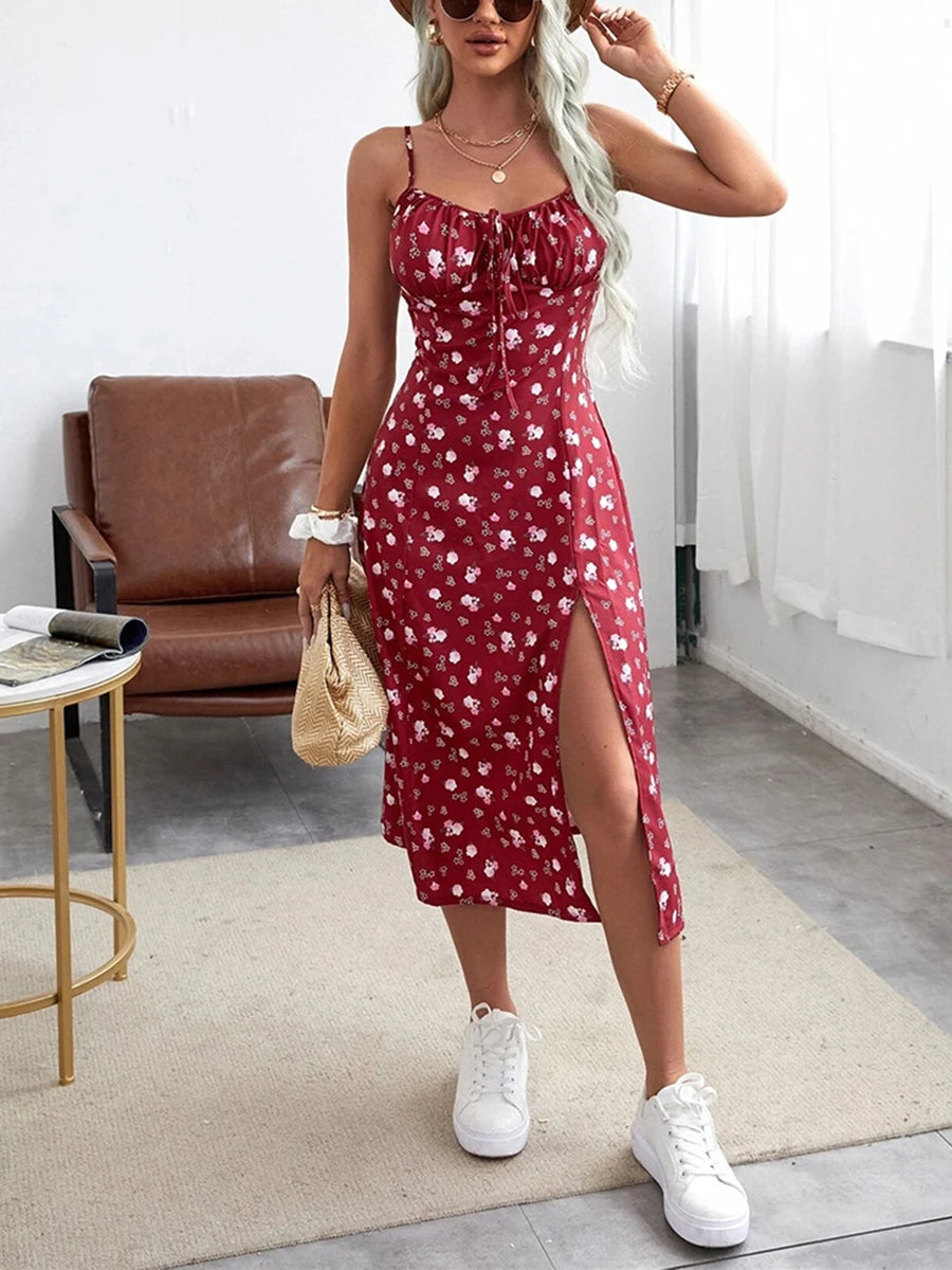 Summer Floral Spaghetti Strap Dress with High Slit