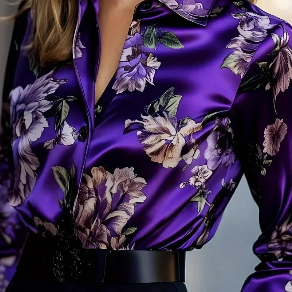 Satin Floral V-Neck Shirt – Elegant Long-Sleeve Spring Top
