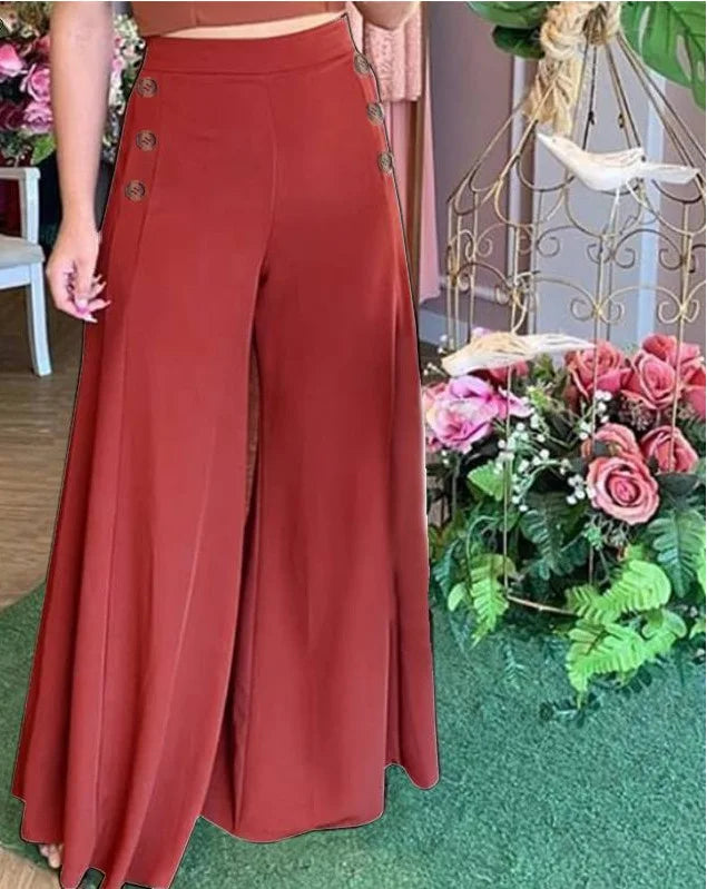Elegant high-waist wide-leg pants with buttons — stylish and versatile for spring.