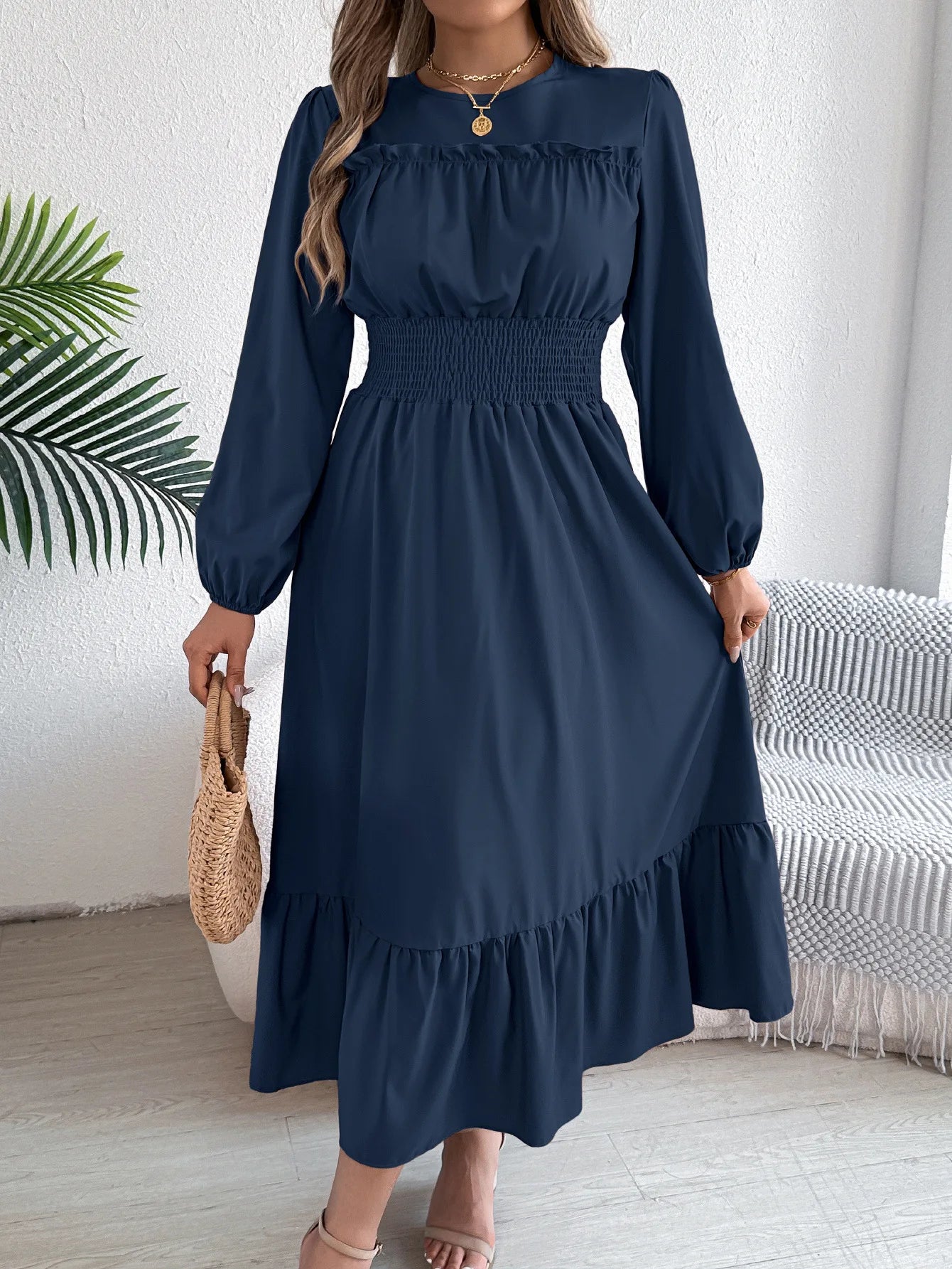 Autumn/Winter Elegant Long-Sleeve Pleated Maxi Dress