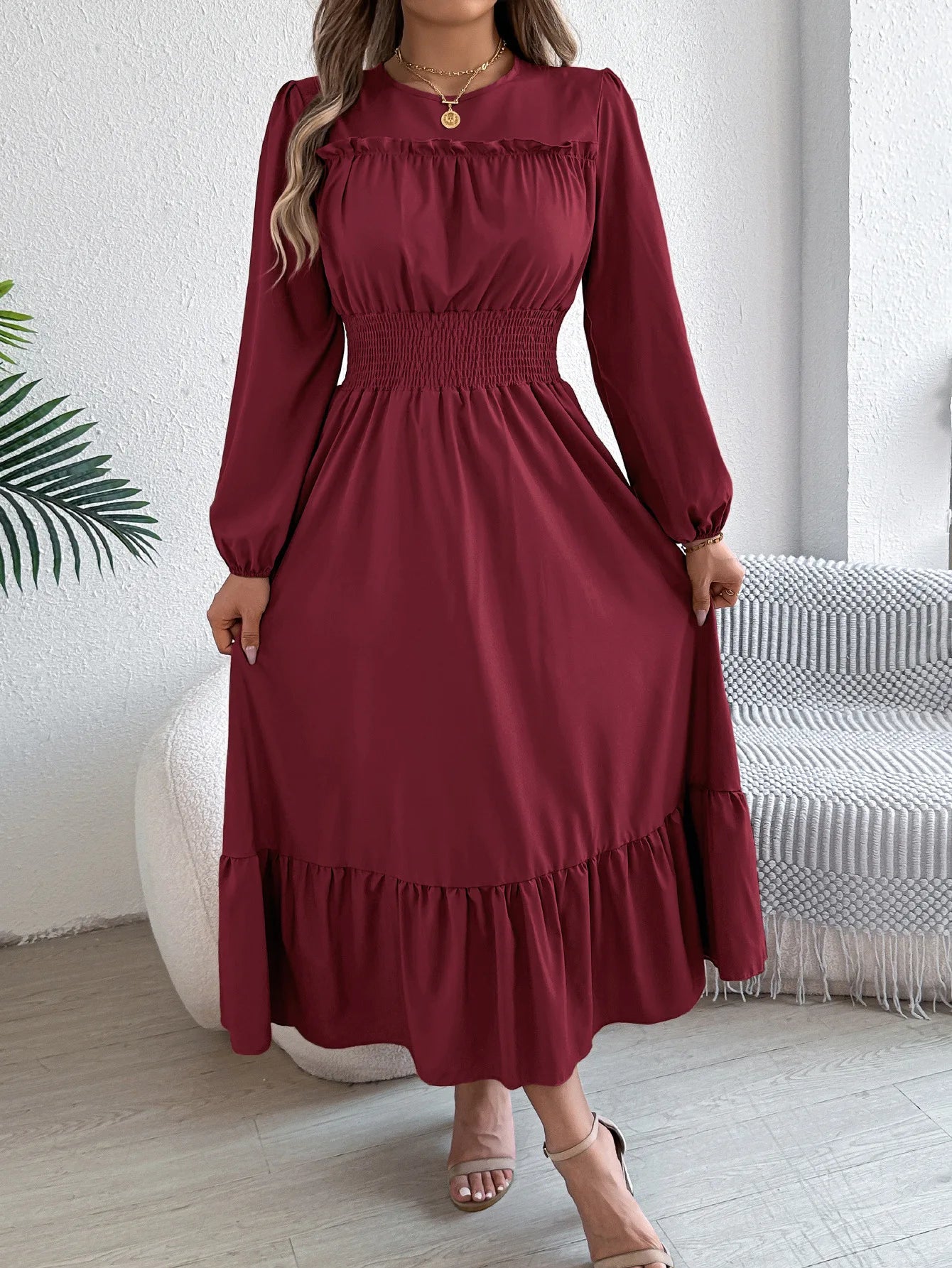 Autumn/Winter Elegant Long-Sleeve Pleated Maxi Dress