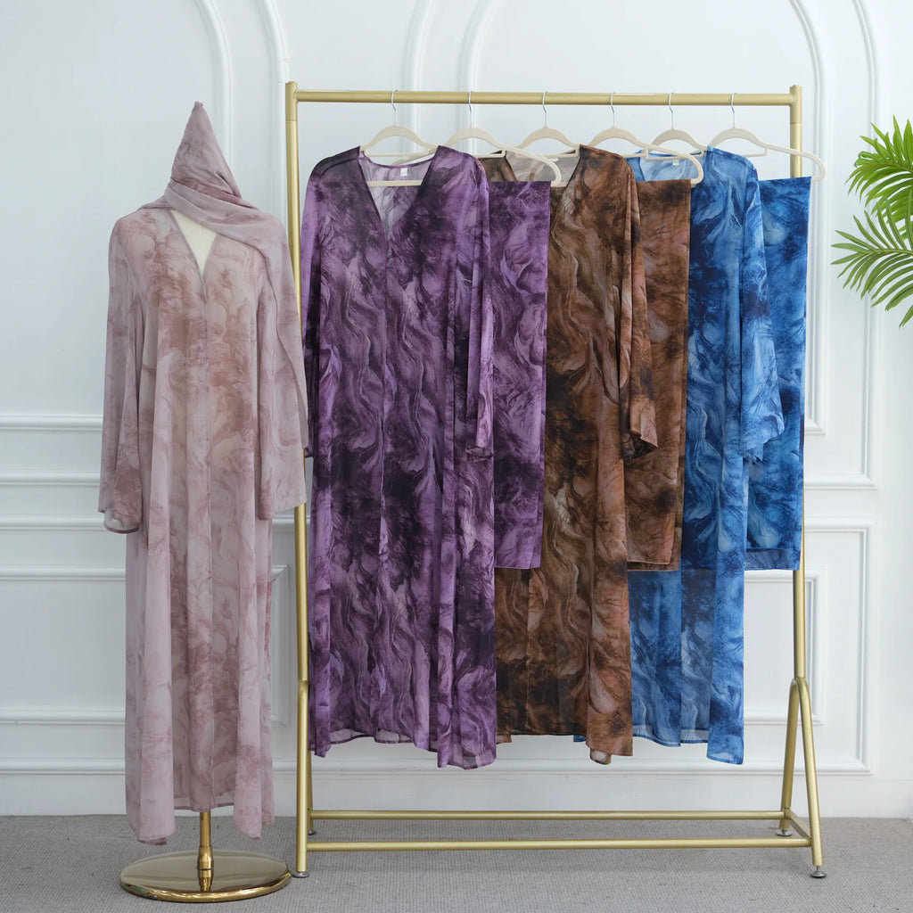 Summer Tie-Dye Chiffon Open Abaya with Scarf