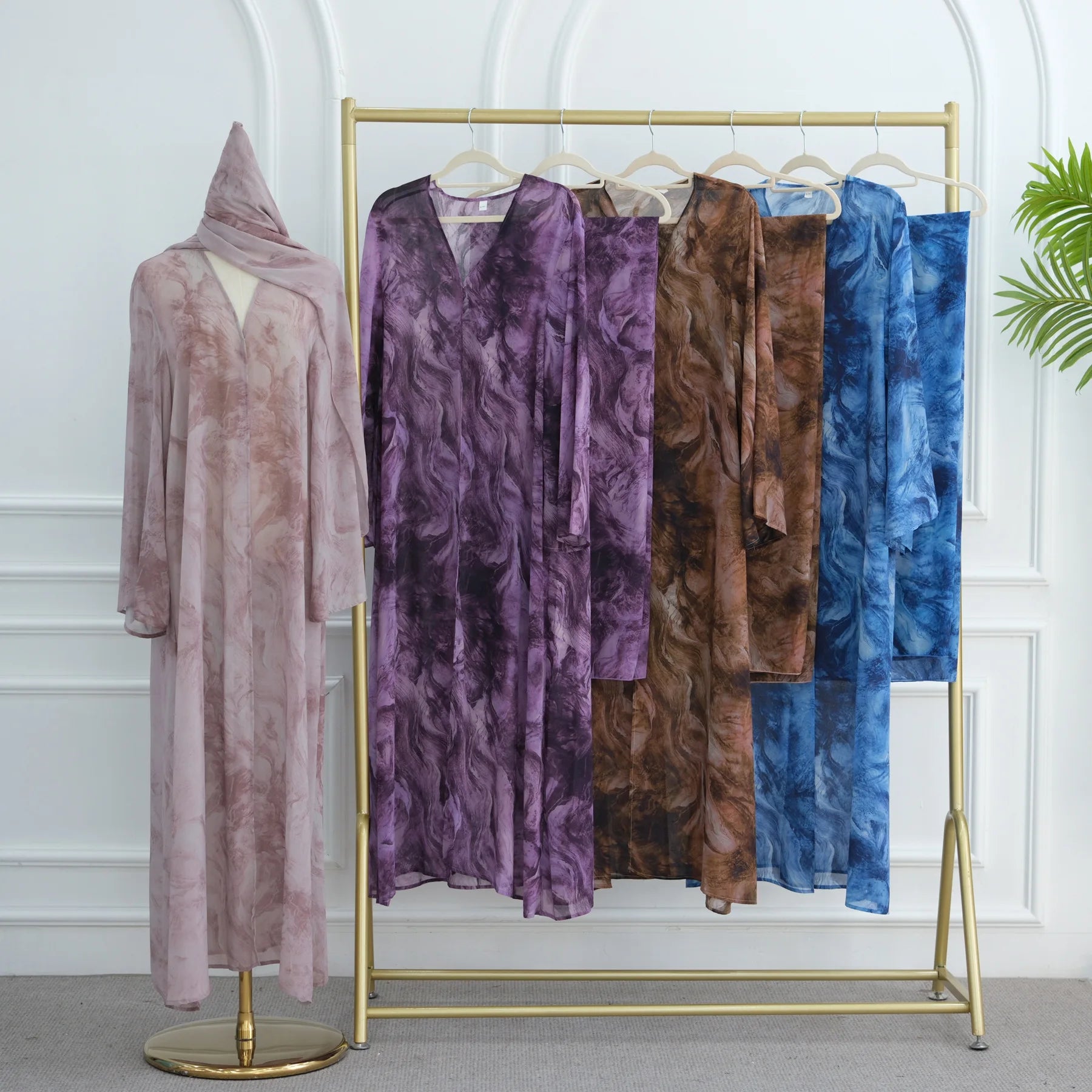 Summer Tie-Dye Chiffon Open Abaya with Scarf