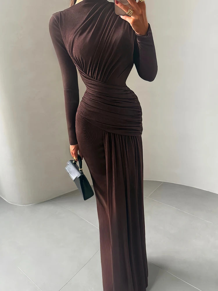 Elegant slim patchwork dress with irregular pleats and full sleeves — perfect for evening events.