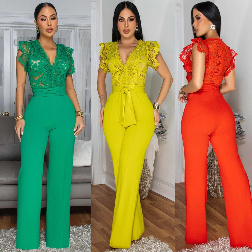 Elegant Lace Patchwork V-Neck Romper for Women – Sleeveless & High-Waist