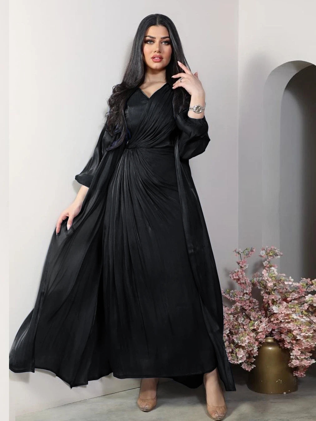 Silky Satin 2-Piece Abaya Set – Morocco/Dubai Style Evening & Eid Dress