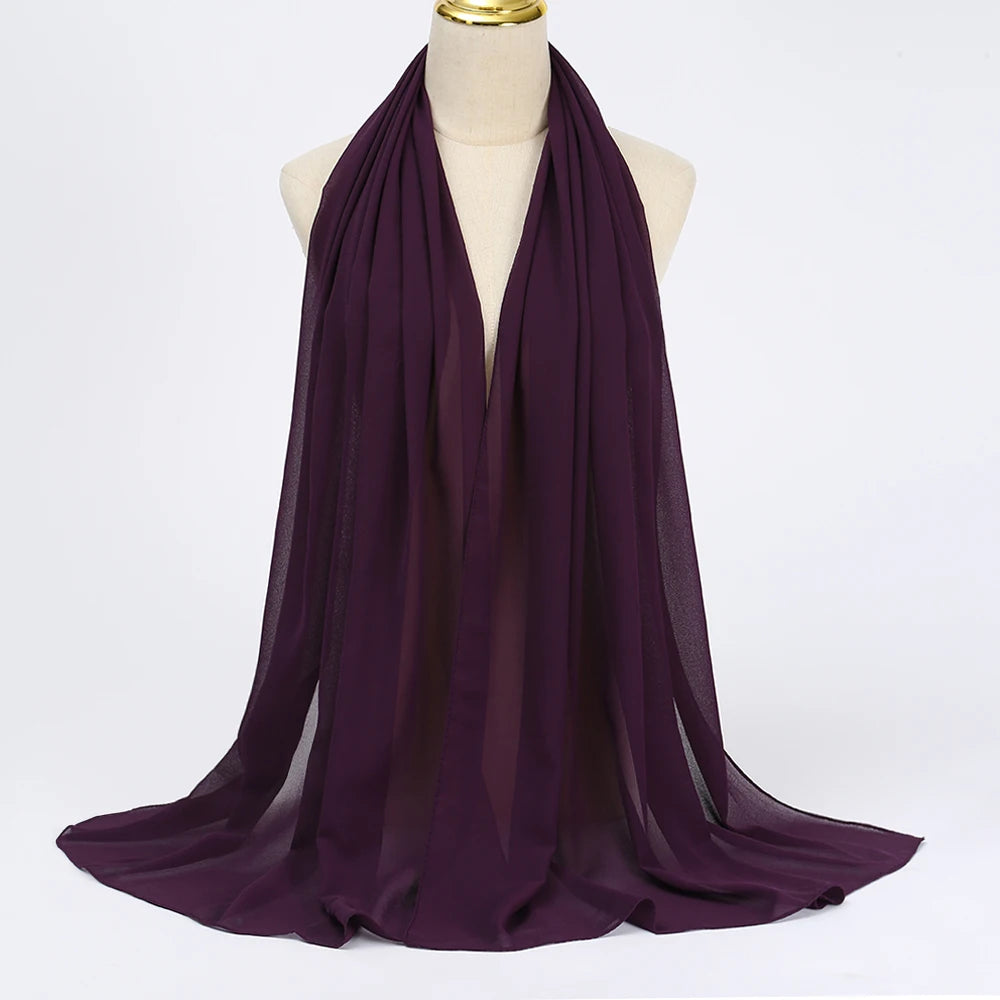 Long solid-color chiffon hijab — lightweight and elegant.