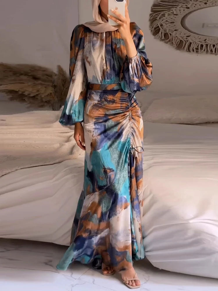 Printed long abaya/kaftan — elegant for Ramadan, Eid, and special occasions.