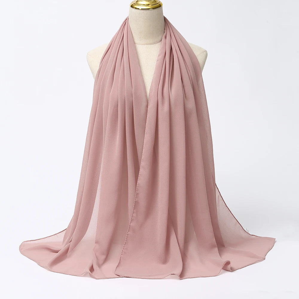 Long solid-color chiffon hijab — lightweight and elegant.