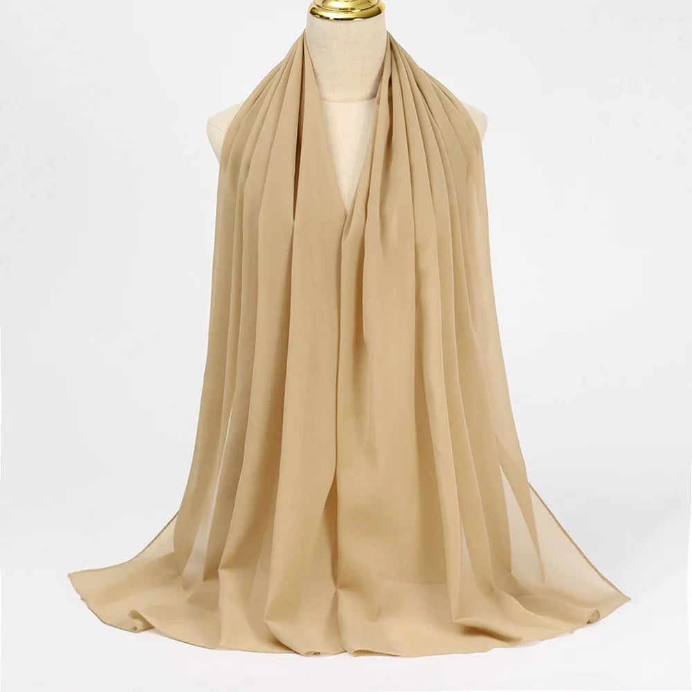 Long solid-color chiffon hijab — lightweight and elegant.